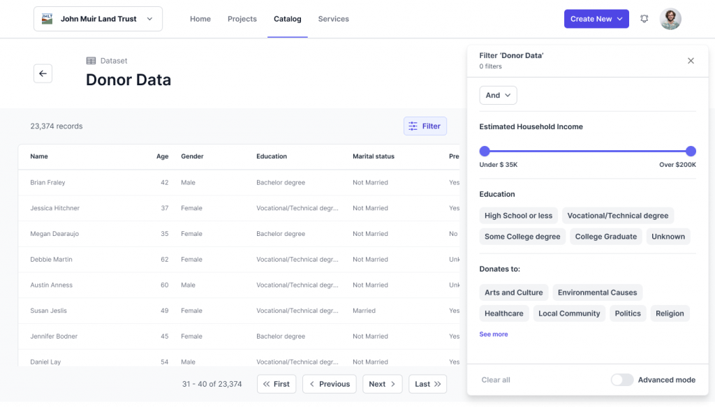 Advanced filters for donor data